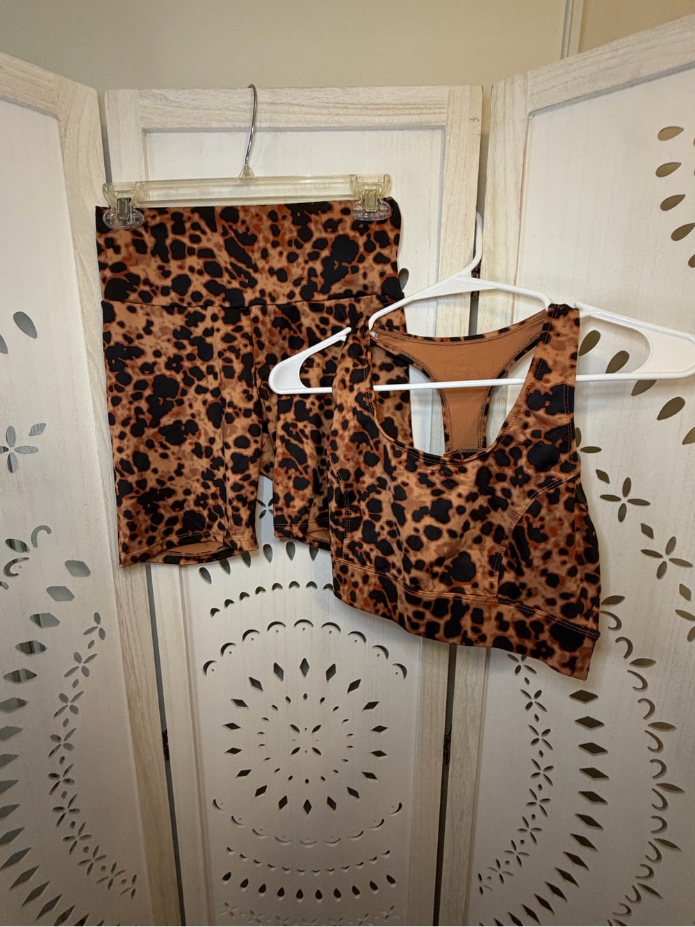 Leopard Print Sports Bra & Bike Shorts Set - Brown/Black
